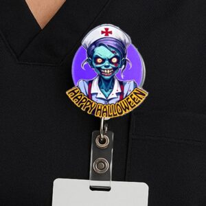 Zombie Nurse Badge Reel: Scary Halloween Acrylic Clip