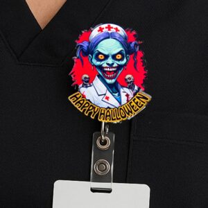 Zombie Nurse Badge Reel: Scary Halloween Acrylic Clip