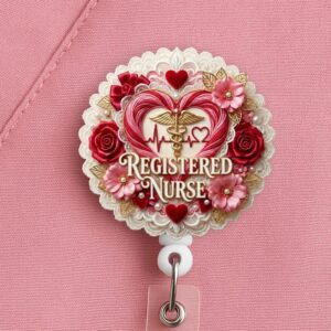 Floral Heart Rn Badge Reel - Valentine's Nurse Id Holder