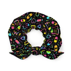 Neon Nurse Medical Pattern for RN CNA Retro 80s Healthcare Worker Recycled Scrunchie