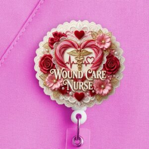 Wound Care Nurse Badge Reel: Floral Heart, Gold Caduceus Medical Id