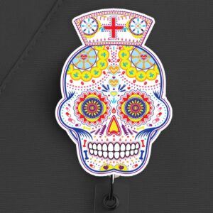 Nurse Badge Reel, Sugar Skull Halloween Day Of The Dead