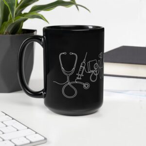Medical Equipment Coffee Mug, Nurse Line Art Mug, Minimalist Healthcare Gift, Doctor Nurse Office Cup Black Glossy Mug