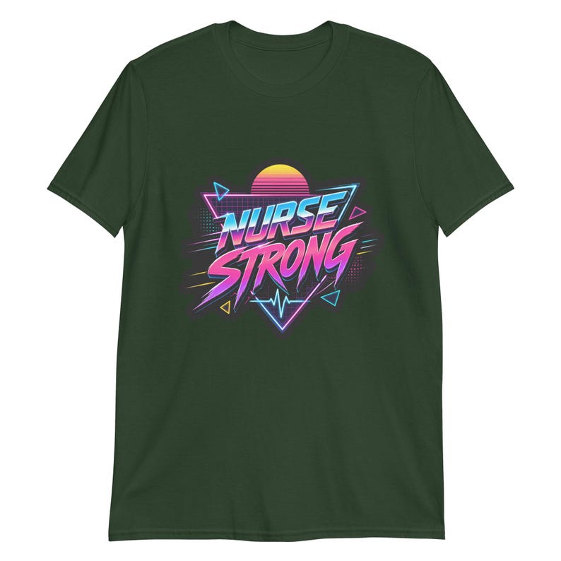 Nurse Strong Retro Neon Nurse Gift Night Shift Nurse Humor 80s Aesthetic Healthcare Worker Short-Sleeve Unisex T-Shirt - Image 6